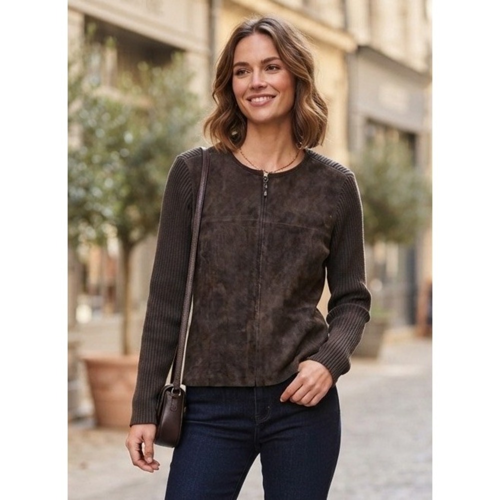 Escapade Suede Front Ribbed Knit Full Zip Jacket Women's L Brown Cotton Travel